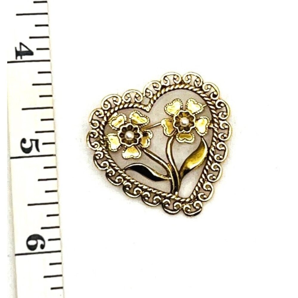 Heart-Shaped Floral Goldtone Metal Brooch Pin With Yellow-Enamel Accents